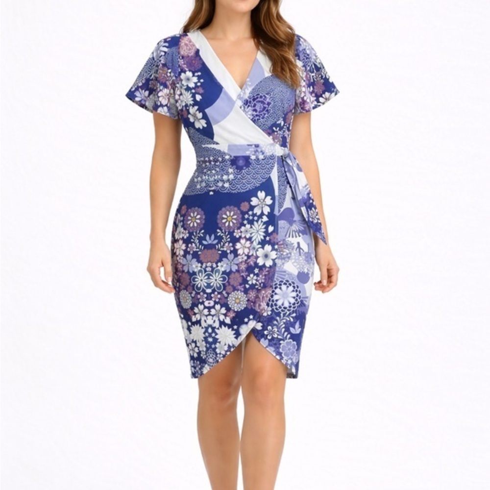 ASOS Floral Wrap Dress Blue Purple Flowy Sleeve Fitted Size 4 NWT
